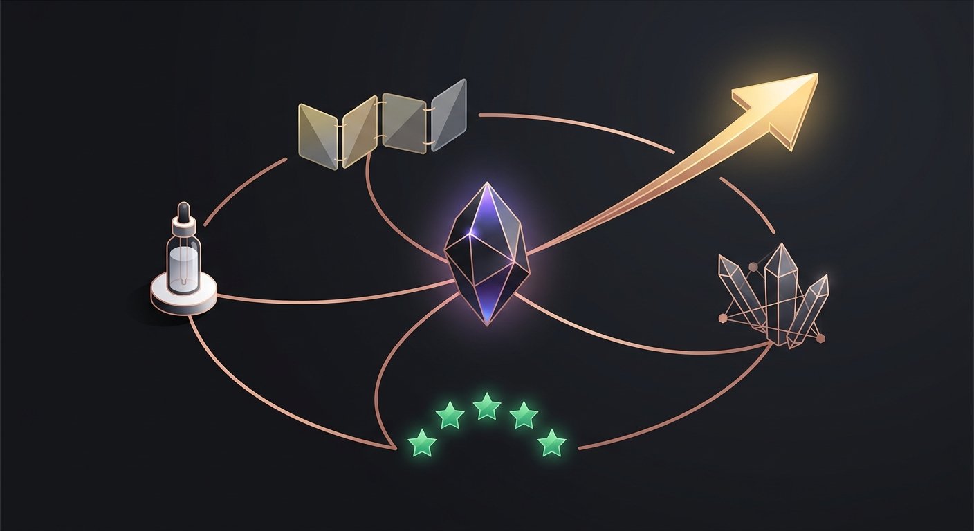 A detailed flow diagram illustrating the interconnectedness of product listing elements (imagery, A+ content, keywords, reviews) and their impact on Amazon's A9 algorithm and customer conversion, sleek vector style, high contrast, clean studio design