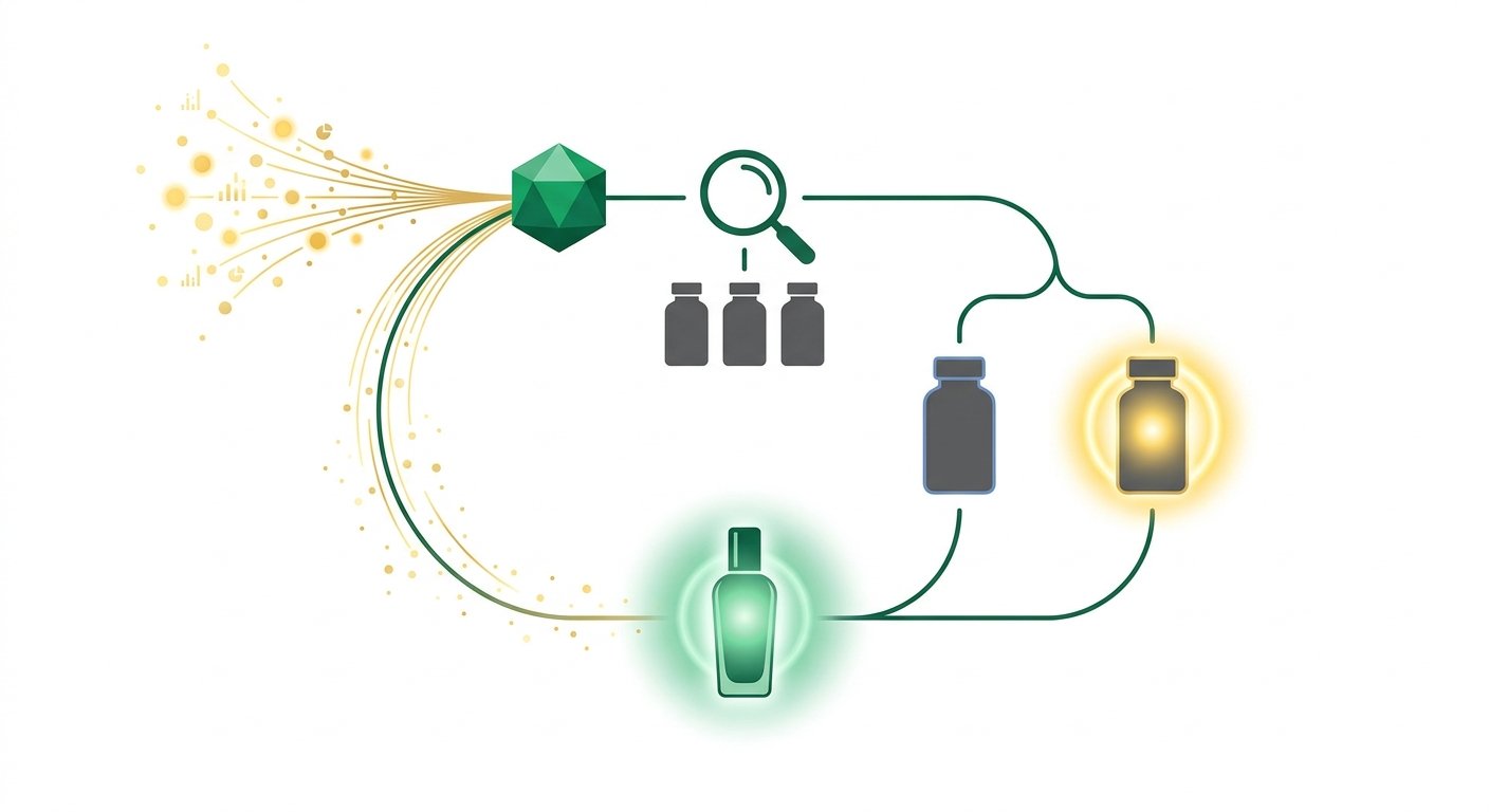 Data-driven Amazon Listing Optimization Flow: A continuous loop illustrating data collection (Search Term Reports, Brand Analytics), hypothesis generation (competitor analysis), experimentation (A/B testing), and implementation, sleek vector style, high contrast, clean studio design