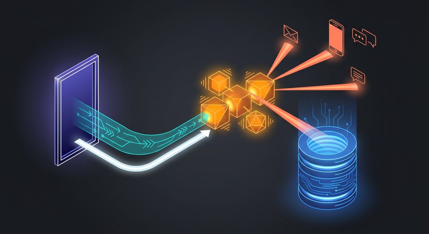 Technical architecture flow of the COD verification engine, depicting Shopify webhooks, backend microservice/serverless functions, communication gateways, database, and Shopify API updates, sleek vector style, high contrast, clean studio design