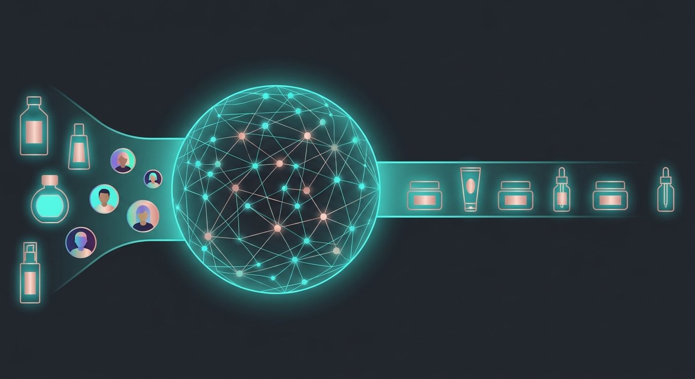 Technical architecture flow of AI Search for Shopify, illustrating data ingestion from product catalog and customer profiles, processing through NLP, vectorization, ML ranking, and personalization algorithms to deliver optimized search results. Sleek vector style, high contrast, clean studio design