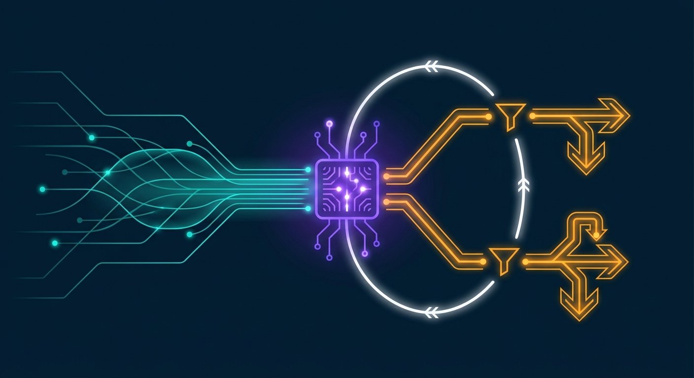 Technical architecture flow of an advanced Amazon PPC optimization platform, showing data ingestion, AI analysis, automated bid adjustments, negative keyword harvesting, and A/B testing loops, sleek vector style, high contrast, clean studio design