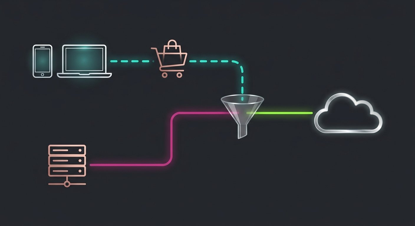 Technical architecture flow of Meta Pixel and CAPI integration with Shopify, illustrating client-side and server-side data paths, including event deduplication process, sleek vector style, high contrast, clean studio design