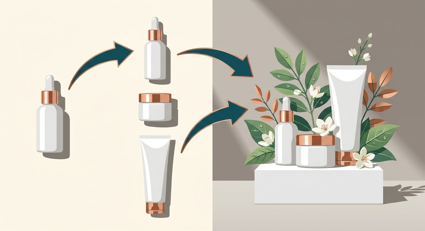 Visual Asset Strategy Flow for Amazon D2C Skincare - detailing the journey from Hero Image to A+ Content, emphasizing mobile-first design, brand consistency, and conversion funnels, sleek vector style, high contrast, clean studio design